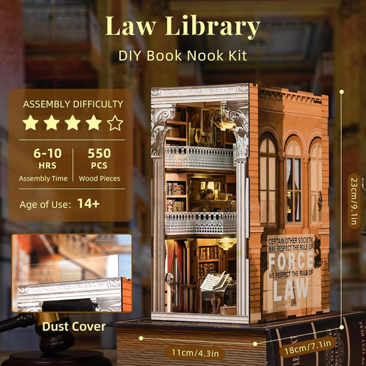DIY Book Nook Kit for Adults, 3D Wooden Puzzle Bookend Bookshelf Insert Decor with LED Light and Dust Cover (Law Library)
