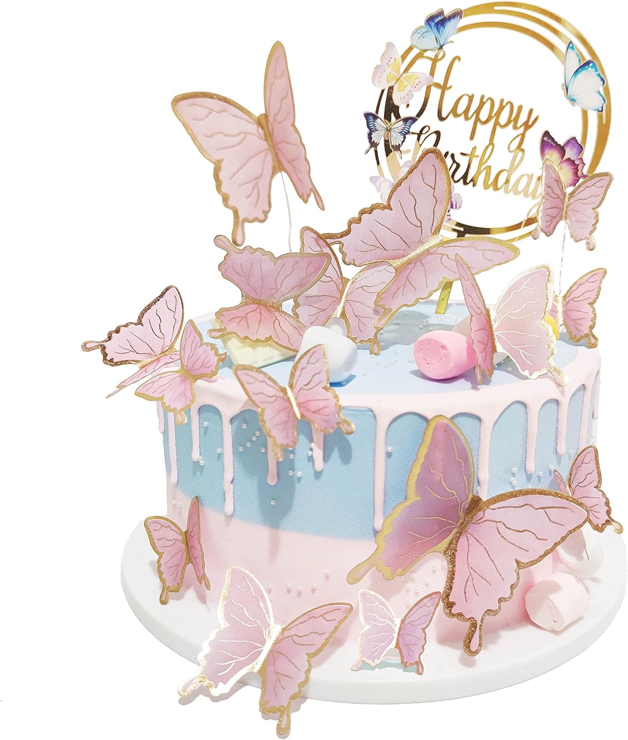 Butterfly Cake Toppers Decorations - 1 Big Happy Birthday Cake Topper & 15Pcs 3D Pink Gold Cupcake Toppers - Party Supplies for Decorating Baby Shower Girl's Birthday