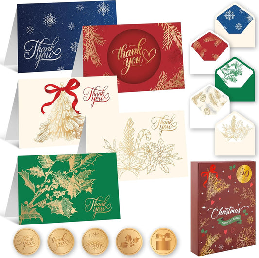 50 Pack Christmas Thank You Cards with Envelopes and Stickers, 5 Designs Foiled Christmas Cards, 4x6 Inch Holiday Thank You Card for Xmas, New Year
