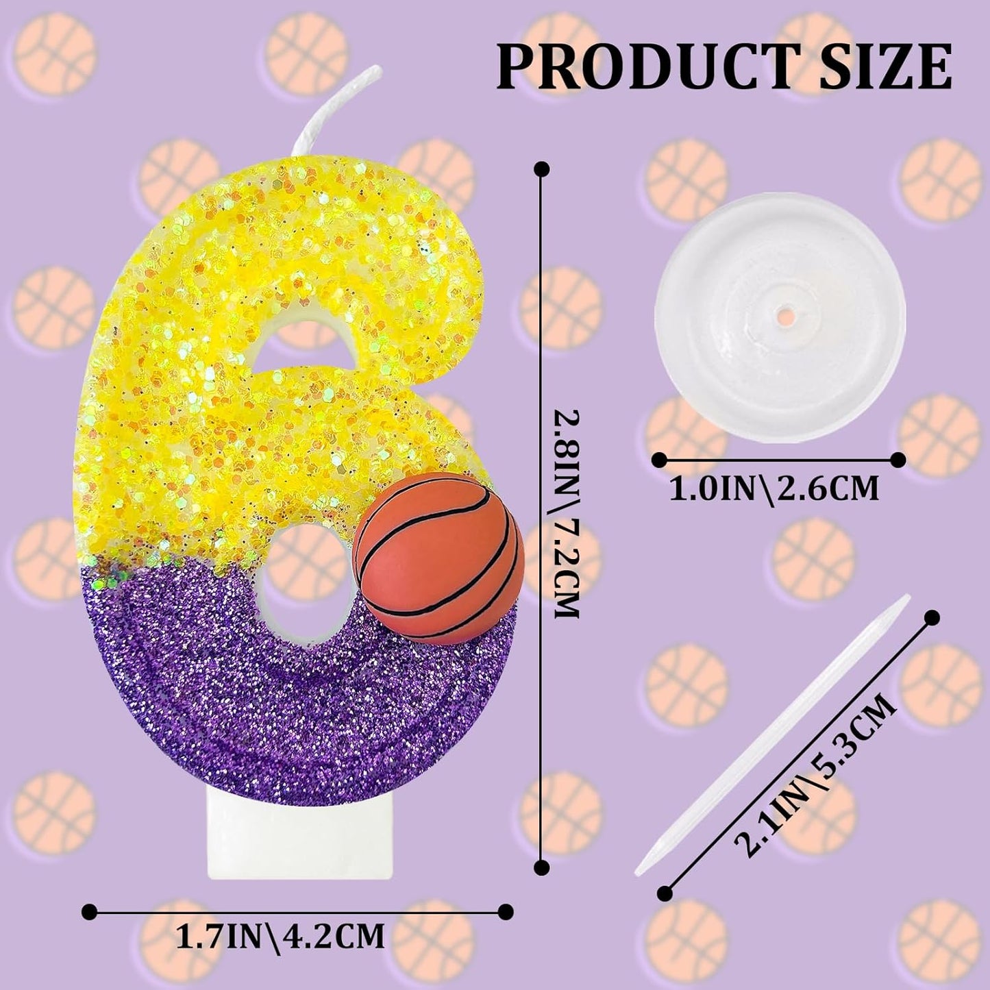 HXOUSE Basketball Number 6 Birthday Candles - Purple Gold Birthday Candles for Cake, 6 Candle for Basketball Theme Cake Topper, Boys Sport Party Decorations Gifts (No.6)