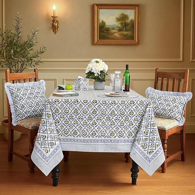 Ridhi Hand Block Print Light Steel Blue Rectangle Cotton Tablecloth 102" x 48" Reusable Table Cover Decorative Everyday Use for Dining, Farmhouse, Home Gift for Spring, Easter, Valentine