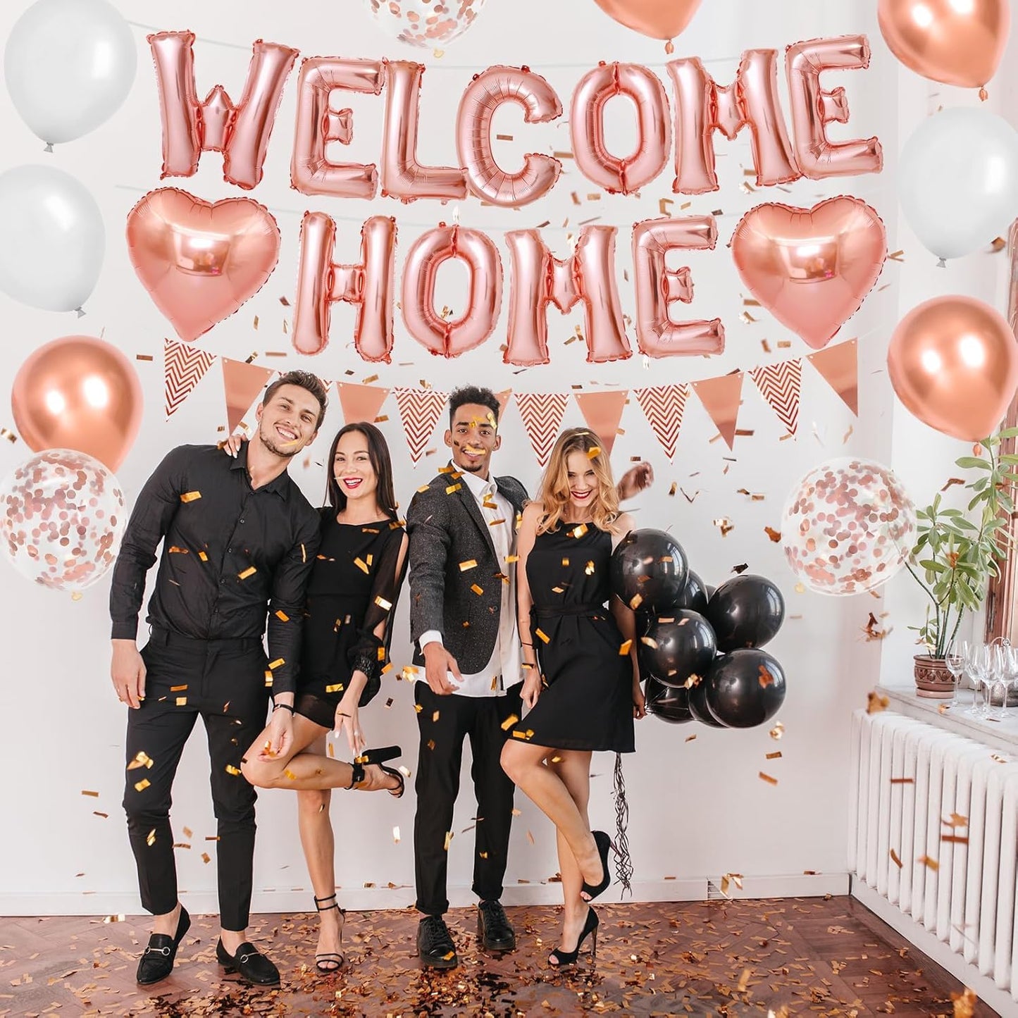 Welcome Home Decorations Rose Gold,Welcome Home Foil Balloon Banner with Rosegold Heart Balloons Pennant Flag Bunting for Housewarming Baby Shower Home Family Party Supplies