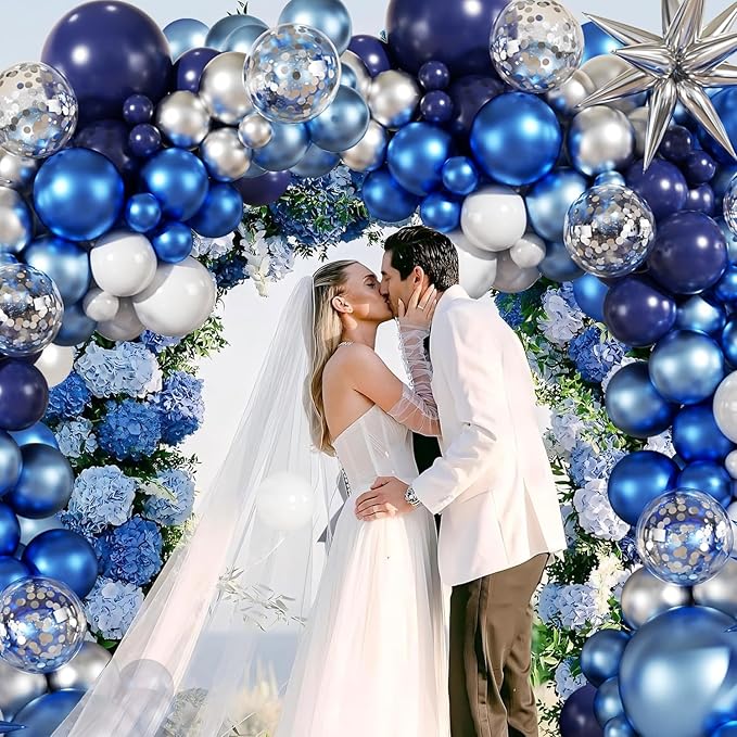 Blue White Silver Balloon Garland Arch Kit, 140Pcs Navy Light Metallic Blue Silver White Confetti Balloons With Stars for Birthday Wedding Birdal Shower Graduation Fathers Day Party Decorations