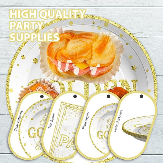 96Pcs Golden Birthday Party Decorations White Gold Plates and Napkins Disposable Stay Golden Paper Tableware Set for Women Men Happy Birthday Party Supplies, Serves 24