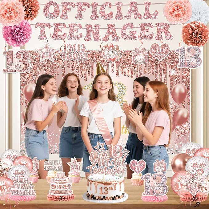 13th Birthday Decorations for Girls – 53pcs Official Teenager Decorations Backdrop, Banner, Honeycomb Centerpieces, Hanging Swirls, Foil & Latex Balloon, Cake & Cupcake Toppers, Sash, Pom Poms