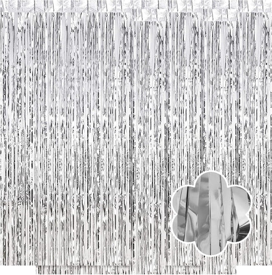5 Pack Silver Foil Curtain Backdrop 3.2ft x 9.8ft Metallic Tinsel Foil Fringe Curtains Streamer Photo Booth Backdrop for Birthday Party Engagement Bachelorette Party Decorations (Silver)