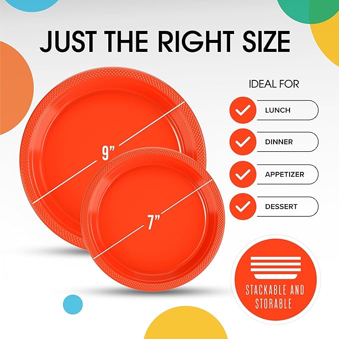Party Solids Orange Plastic Plates For Party Supplies, Orange Disposable Plates 100 Pieces - 50-7" & 50-9" Heavy Duty 350 GSM Disposable Dinnerware Sets, Plastic Dinnerware Sets