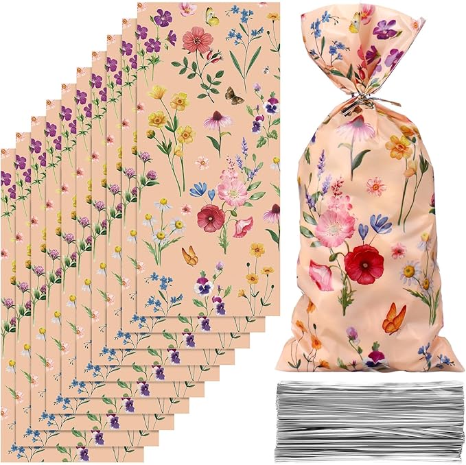 Outus 100 Pieces Party Cellophane Treat Bag Floral Candy Bags for Baby Shower Wedding Bridal Shower Supplies Favors Decorations Birthday Theme Floral Graduation Decor (Wild Flowers)