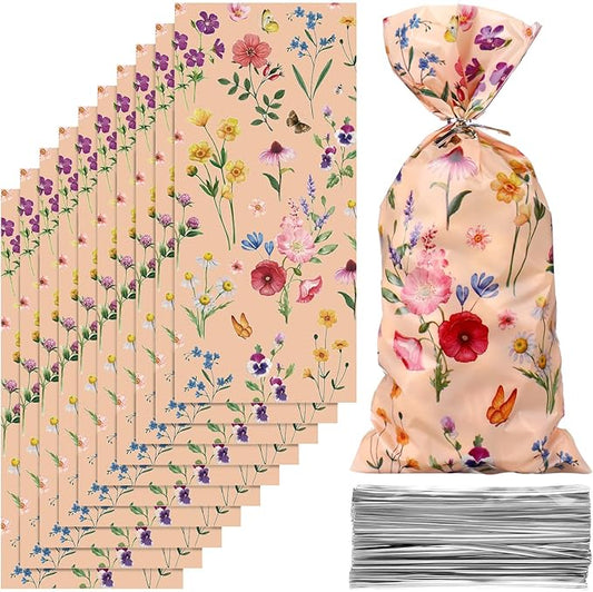 Outus 100 Pieces Party Cellophane Treat Bag Floral Candy Bags for Baby Shower Wedding Bridal Shower Supplies Favors Decorations Birthday Theme Floral Graduation Decor (Wild Flowers)