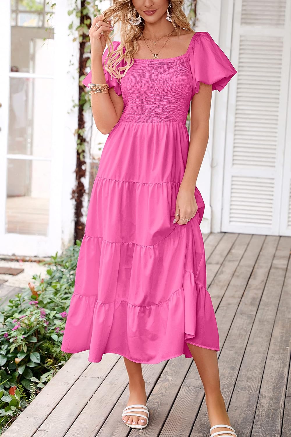 PRETTYGARDEN Women's Casual Summer Midi Dress Puffy Short Sleeve Square Neck Smocked Tiered Ruffle Dresses