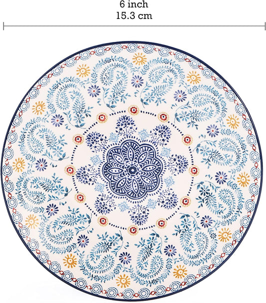 Bico Blue Talavera Appetizer Plates Set of 6, 6 Inch Small Ceramic Dessert Plates for Snacks, Salad, Tablescape, Microwave and Dishwasher Safe, Gift for Housewarming and Thanksgiving