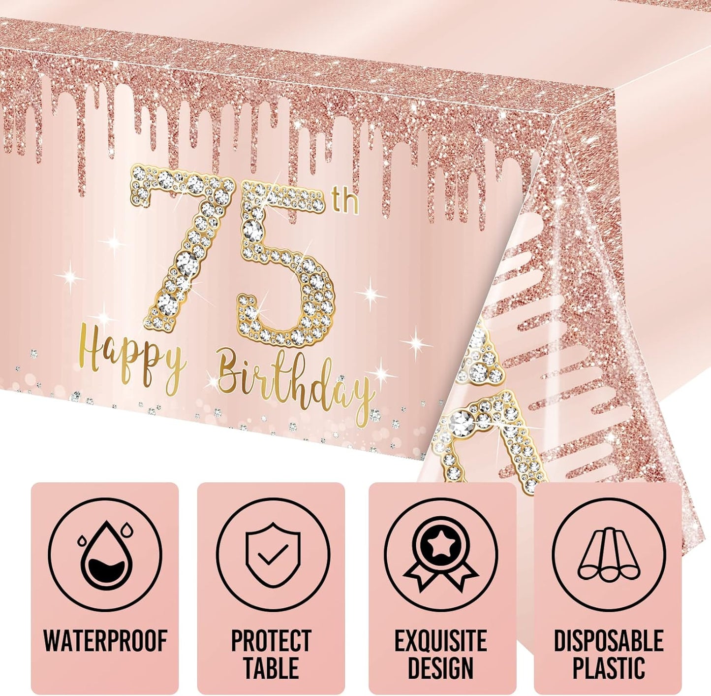 3 Pack Pink Rose Gold 75th Birthday Tablecloth Decorations - Plastic Disposable Rectangular Table Cover for Party Supplies