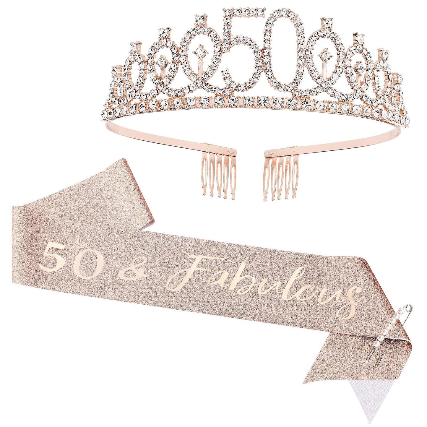 CIEHER 50th Birthday Crown + 50 & Fabulous Sash+Pearl Pin Set, Tiara, 50th Gifts, Decorationsfor Women Friends, Happy Party Favor Supplies