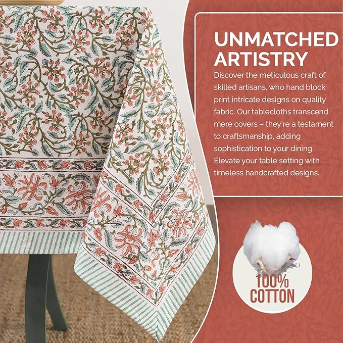 Labhanshi Indian Handblock Print Floral 100% Cotton Canvas Rectangle Table Cloth|72x108 Inch 8-Seater Rustic Farmhouse Decorative Table Cover|Spring Easter Festive Holiday Decor|Berry Pink