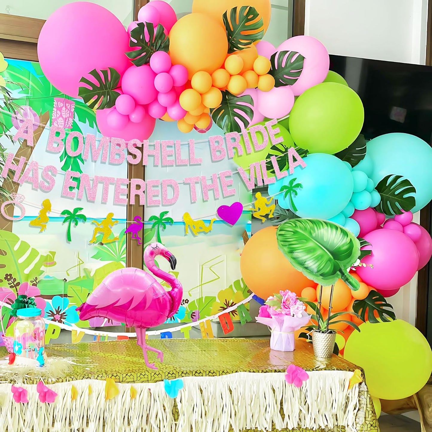 A Bombshell Bride Has Entered The Villa Banner Palm Tree Ring Mylar Balloon for Love Island Themed Bachelorette Party Decorations
