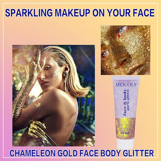 MEICOLY Chameleon Gold Body Glitter,Mardi Gras Outfit for Women,Color Changing Face Glitter,Self-adhesive Chunky Glitter Face Paint,Holographic Glitter for Face Body Hair,Festival Party Costume Makeup
