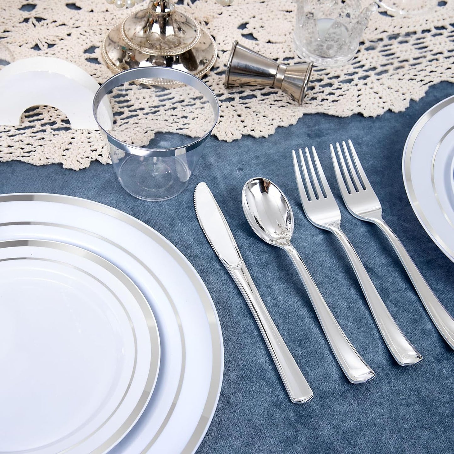WELLIFE 300 PCS Silver Dinnerware Set for 50 Guests, Silver Plastic Disposable Plates for Party, 50 Dinner Plates, 50 Salad Plates, 50 Cups Forks Knives Spoons for Wedding and Party Anniversary
