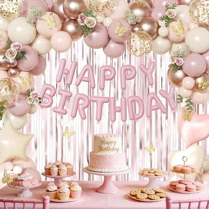Dusty Pink and Gold Birthday Decorations for Women Girls, Dusty Pink Blush Rose Gold Sand White Gold Foil Confetti Balloons Happy birthday Banner Gold Butterfly Fringe Curtains Birthday Decorations