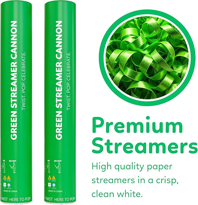 2 Pack Streamer Cannon Confetti Poppers | Biodegradable Green Confetti | TUR Party Supplies | Launches Up to 25ft | Giant (12 in) | Party Poppers for Graduation, Birthdays, Weddings, and Memorial Day