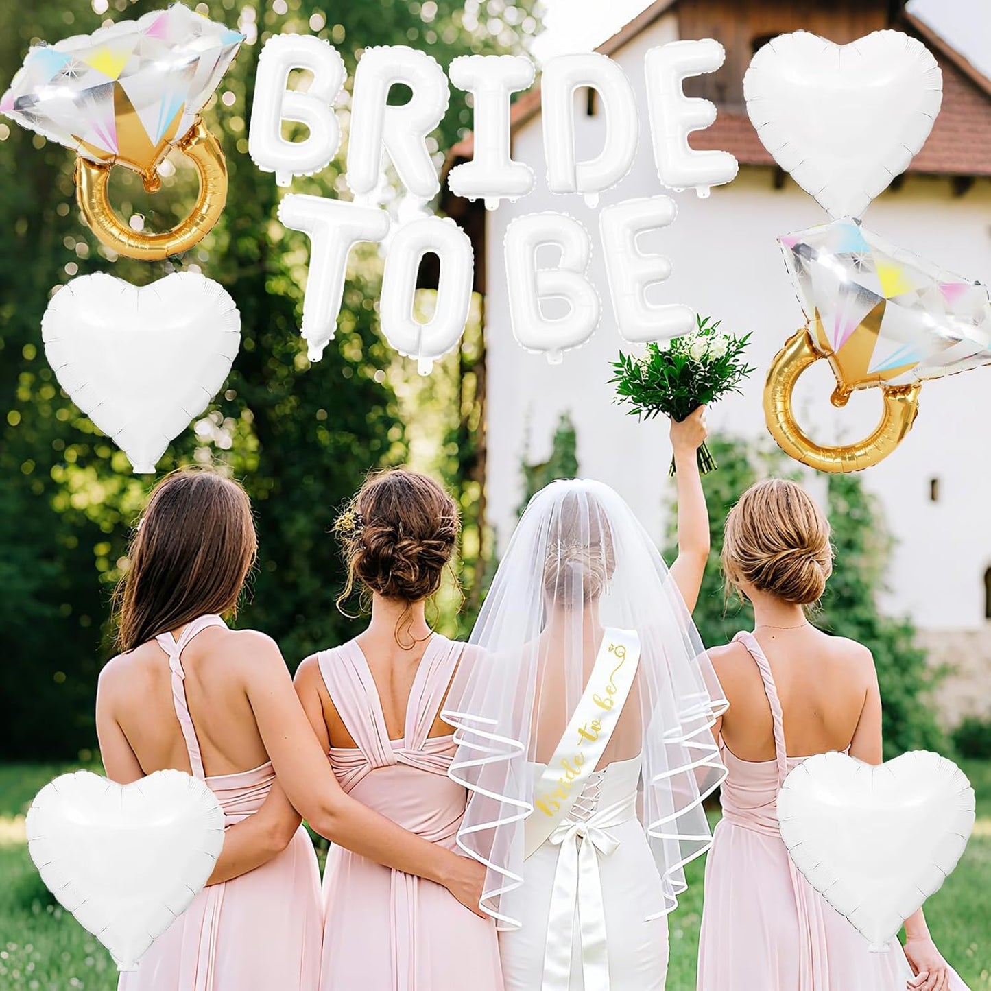 White Bachelorette Party Decorations, White Bride to Be Banner Heart Balloons with Diamond Ring Foil Balloon, Gold Bride to Be Sash&Veil for Bachelorette Engagement Gift Bridal Shower Party Supplies