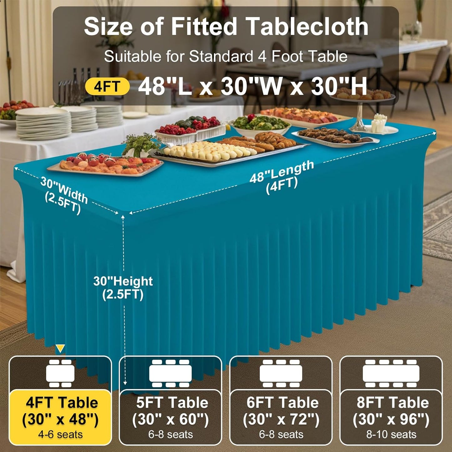 Smiry Spandex Tablecloth 2 Pack, Elastic Fitted Stretch Tablecloth for 4FT Rectangle Tables, Waterproof Washable Table Cover Skirt for Outdoor, Wedding, Banquet & Parties (Turquoise, 48Lx30Wx30H Inch)
