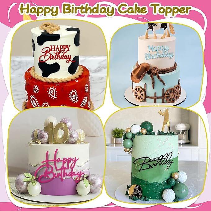 40 PCS Happy Birthday Cake Toppers Mirror Acrylic Toppers with 10 Styles 8 Colors for Birthday Party Cake Desserts Pastries