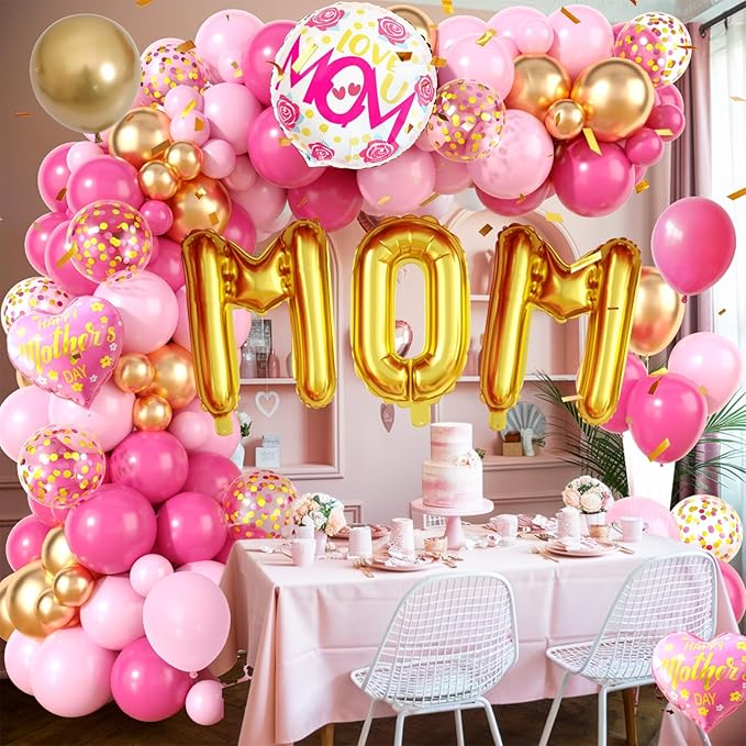 Mother's Day Balloon Arch, Hot Pink metallic Gold Balloon Garland Kit with Large Mom Foil Balloons, Pink Mother Heart Foil Balloons for Mom's Day Party Decorations