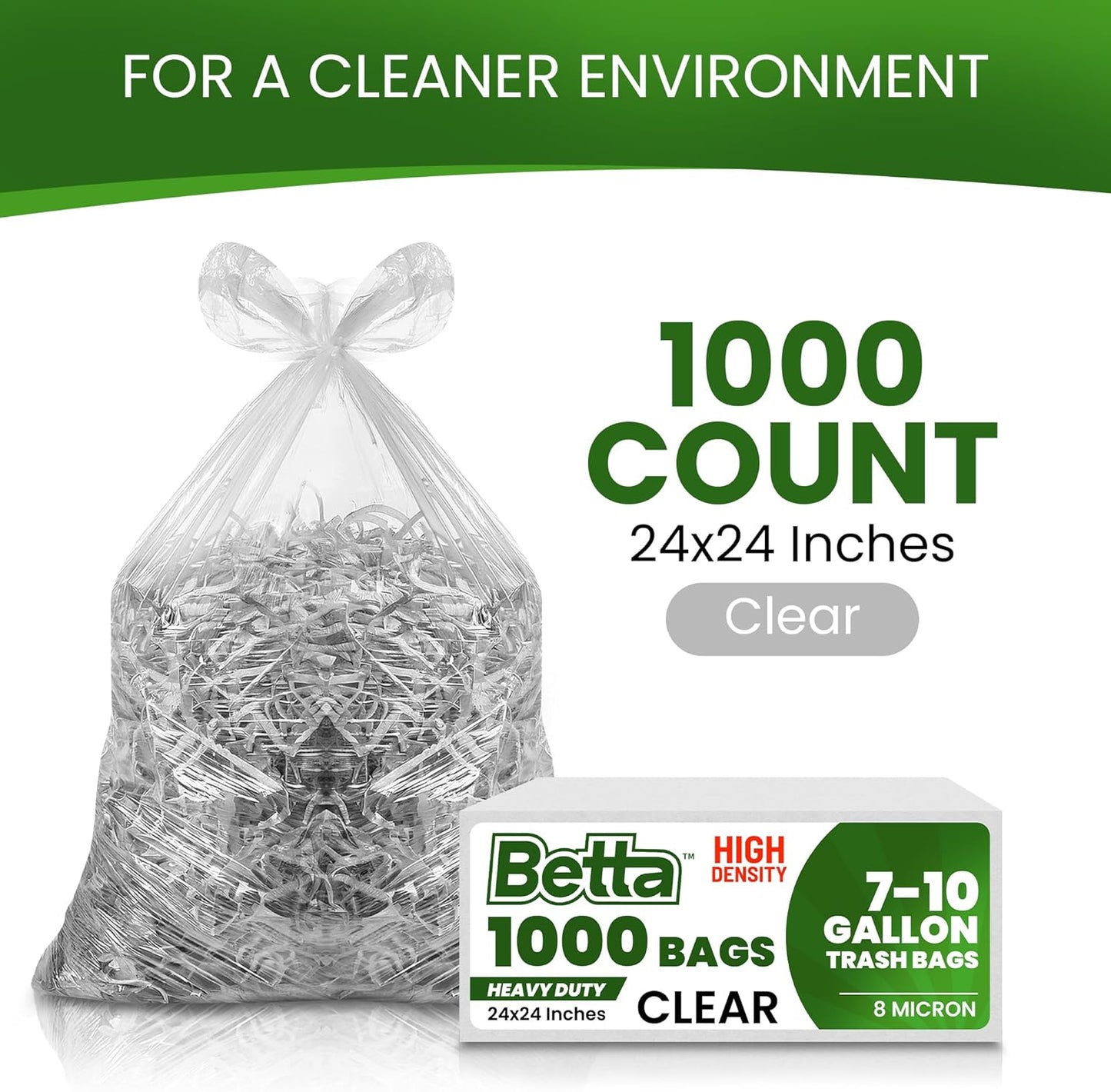 Betta 8-10 Gallon Medium Trash Bags, Clear, 1000 Count Box, (24x24-inch) Commercial Office Wastebasket Garbage Can Liners, 7-10 Gallon Round Cans, 6-8 Gallon Slim and Square Cans