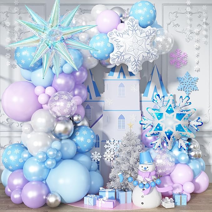Purple Blue Balloon Garland 135pcs, Pearl Light Purple Blue White Silver Snowflake Balloon Arch with Foil Snow Iridescent Star Balloons for Winter Wonderland Baby Shower Birthday Christmas Party Decor