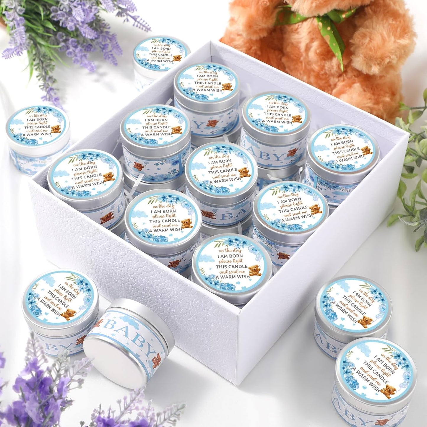 MTLEE 24 Pcs Bear Baby Shower Party Favors Candles Lavender Scented Baby Shower Favors for Guests Rustic Tealights Candles Gender Reveal Return Gifts Girl Boy(1.2 Oz, Blue)