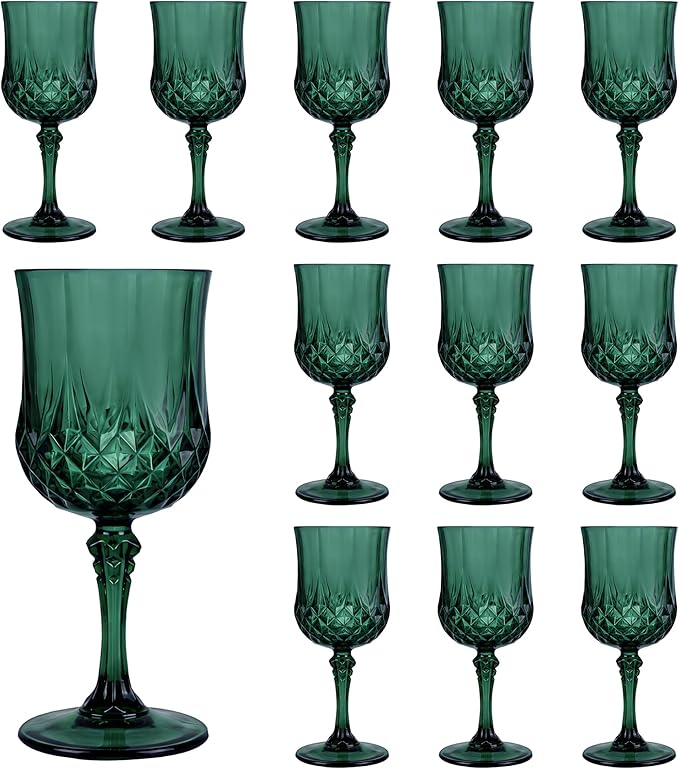Plastic Wine Glasses, Plastic Goblets Vintage Style Cordial Unbreakable Drinking Glasses, Reusable Drinkware for Wedding Reception, Grand Event Party Supplies, Easter (12, Green)