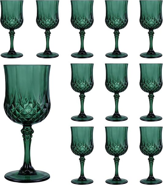 Plastic Wine Glasses, Plastic Goblets Vintage Style Cordial Unbreakable Drinking Glasses, Reusable Drinkware for Wedding Reception, Grand Event Party Supplies, Easter (12, Green)