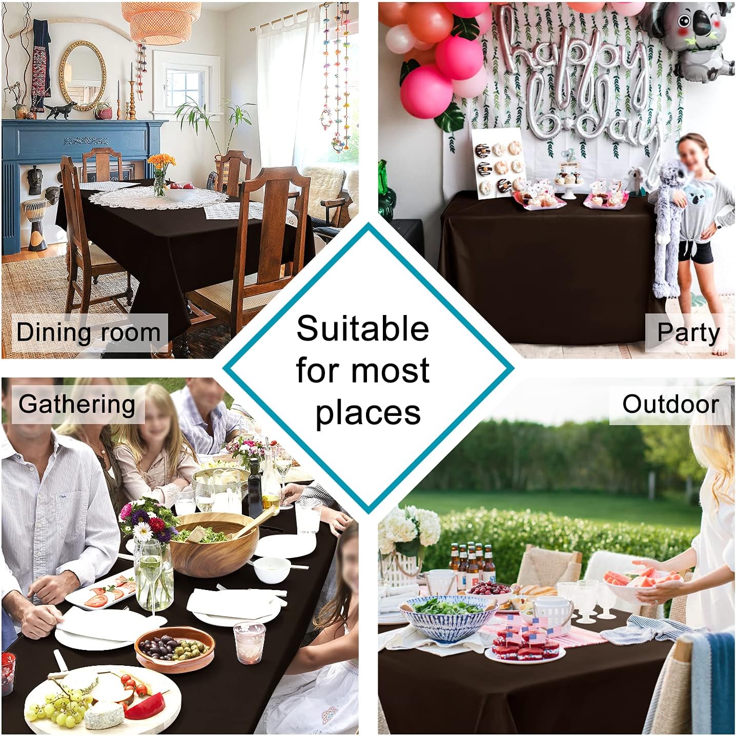 Hiasan Waterproof Tablecloth Rectangle - Washable Fabric Table Cloth for Dining Room Kitchen Birthday Party and Outdoor Use, Chocolate, 60 x 140 Inch
