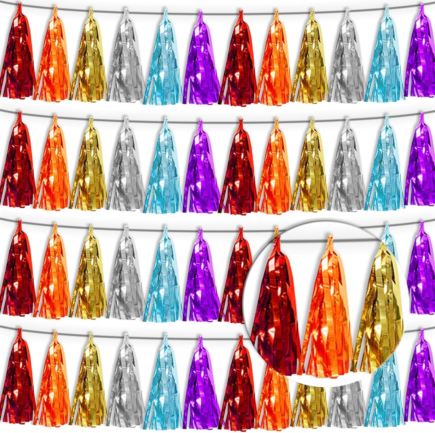 4P Lake Blue Orange-Red-Gold-Silver-Purple Tassel Banner Garland Metallic Foil Fringe Banner Tinsel Tassels Streamer Banner Backdrop for Parade Floats,Graduation Wedding Party Decorations