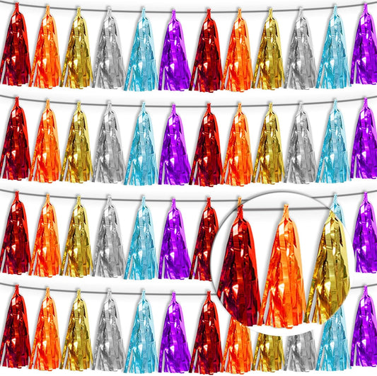 4P Lake Blue Orange-Red-Gold-Silver-Purple Tassel Banner Garland Metallic Foil Fringe Banner Tinsel Tassels Streamer Banner Backdrop for Parade Floats,Graduation Wedding Party Decorations