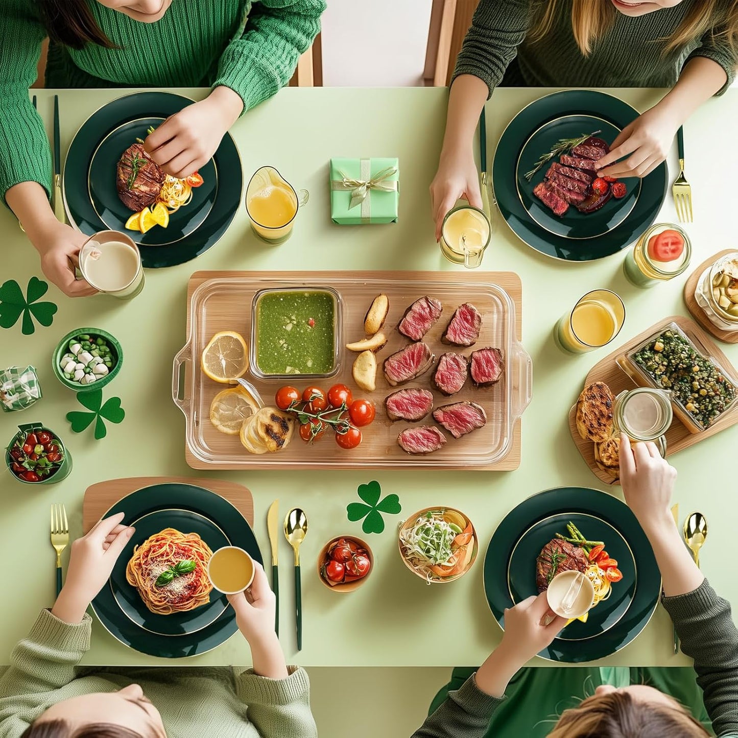 100PCS Green Gold Plastic Plates, Green Disposable Plates for Party, Wedding, Include 50 Dinner Plates, 50 Dessert Plates for 50 Guests