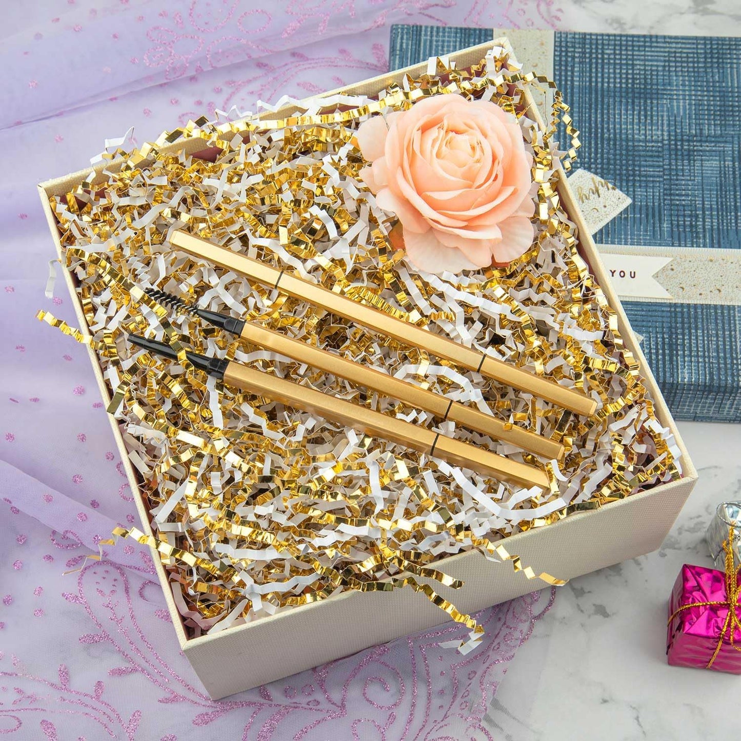 Caleihd 1/2 LB Crinkle Cut Paper Shredded Filler Paper for Gift Baskets Gift Box Confetti Paper Shreds Decoration Stuffing for Birthday, Weddings, Anniversaries, Christmas Wrapping White&Gold