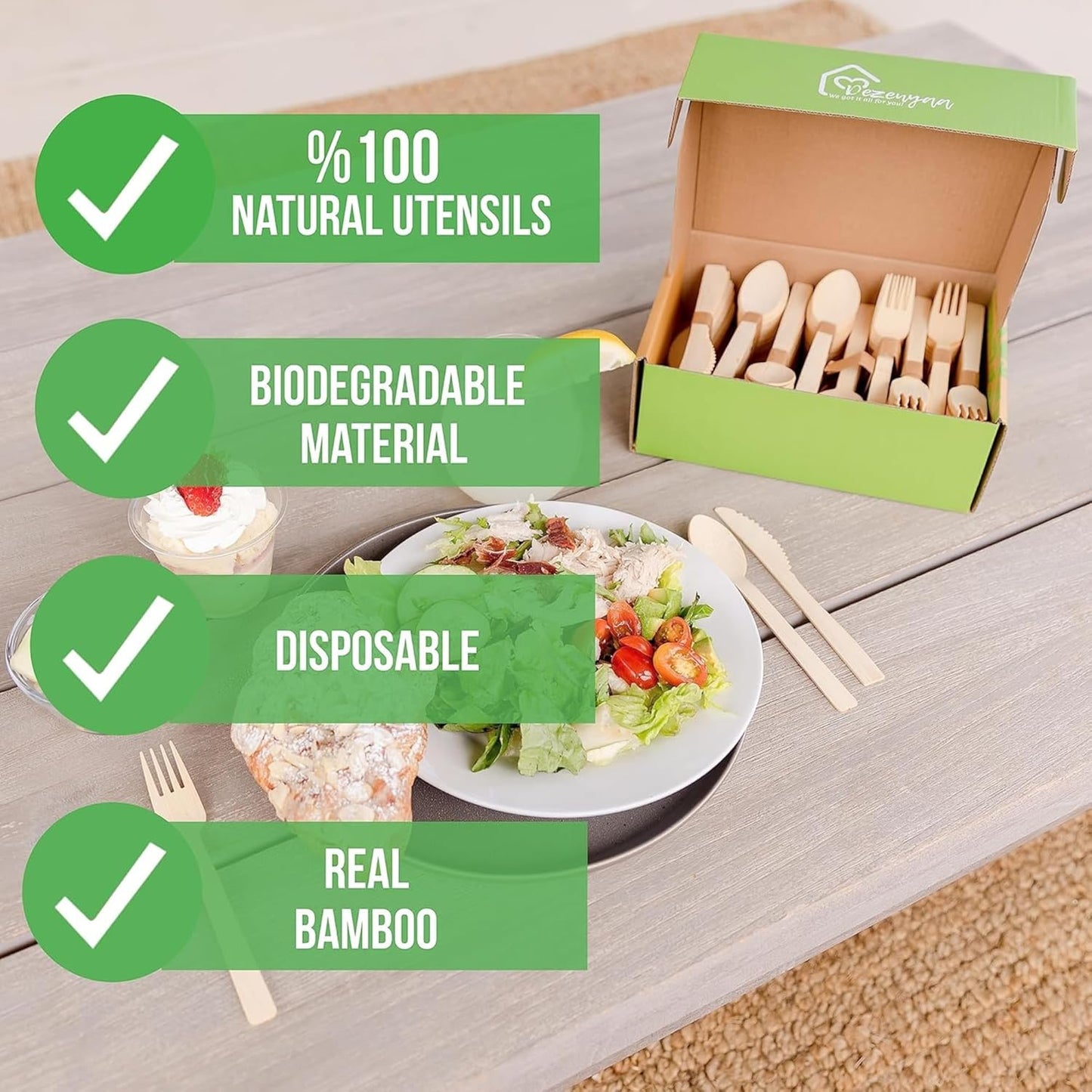 Party-Ready Bamboo Cutlery – 250 Piece Compostable Bamboo Utensils Set [100 Forks,100 Spoons, 50 Knives] Eco-Friendly, Disposable Tableware for Weddings,Picnics Essentials&Events – by Dezenyaa