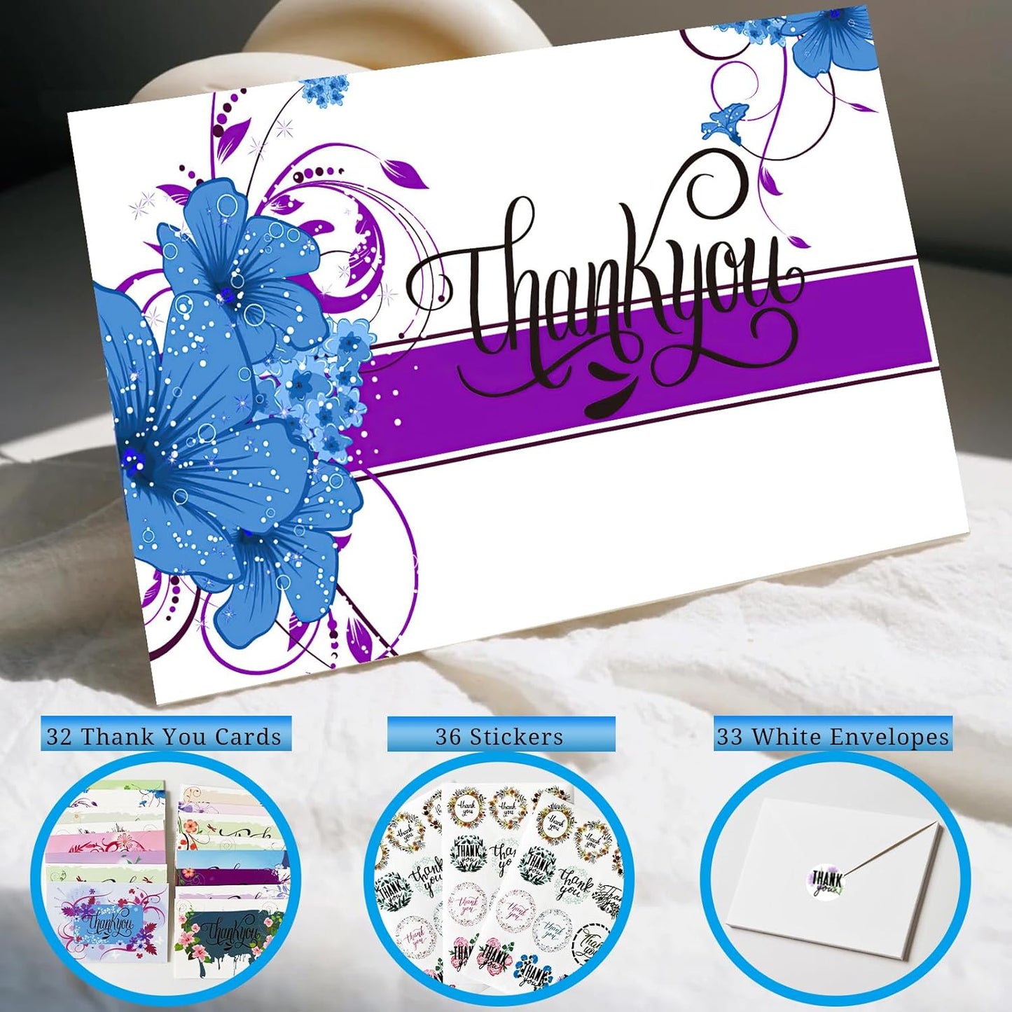 32 Thank You Cards with Envelopes Matching Stickers and Storage Box, 4 x 6 Inch Blank Thank You Greeting Cards Thank You Note for Graduation, Baby Shower, Wedding, small Business, Holiday,