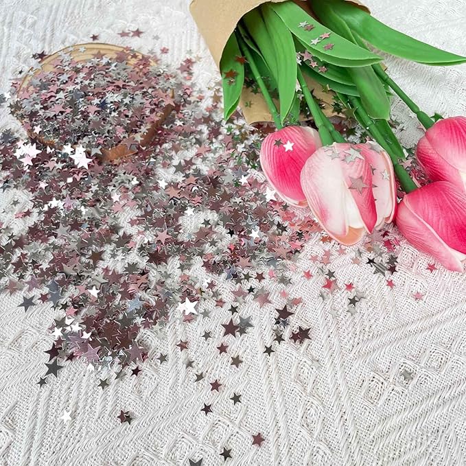 WEIKA 60g Star Confetti Glitter Star Table Confetti, Metallic Foil Star Glitter, Table Decorations for Party Wedding birthday graduation Decorations(Glitter Rose Gold and Silver Set, 10mm and 6mm)