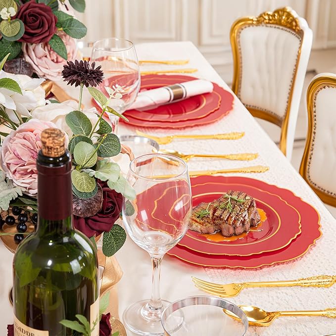 Liacere 175PCS Red Plastic Plates - Red Disposable Plates With Gold Rim -25Guest Baroque Plastic Dinnerware include 50Plates-25Pack Pre Rolled Napkins with Silverware 25Cups for Wedding&Party