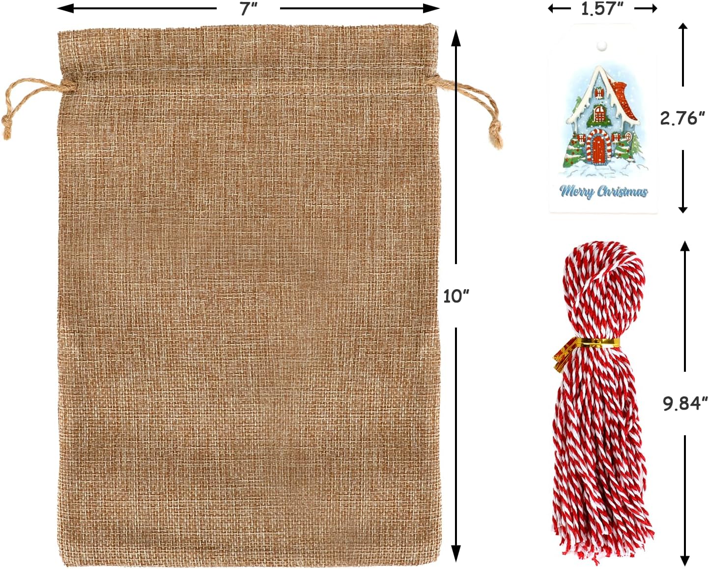 Tapleap Burlap Bags with Drawstring, 7x10 Inches Burlap Sack with Christmas Tags and String (Lot of 50) for Wrapping Christmas Gifts, Party Favors for Coworker, Classmates, Children or Neighbors