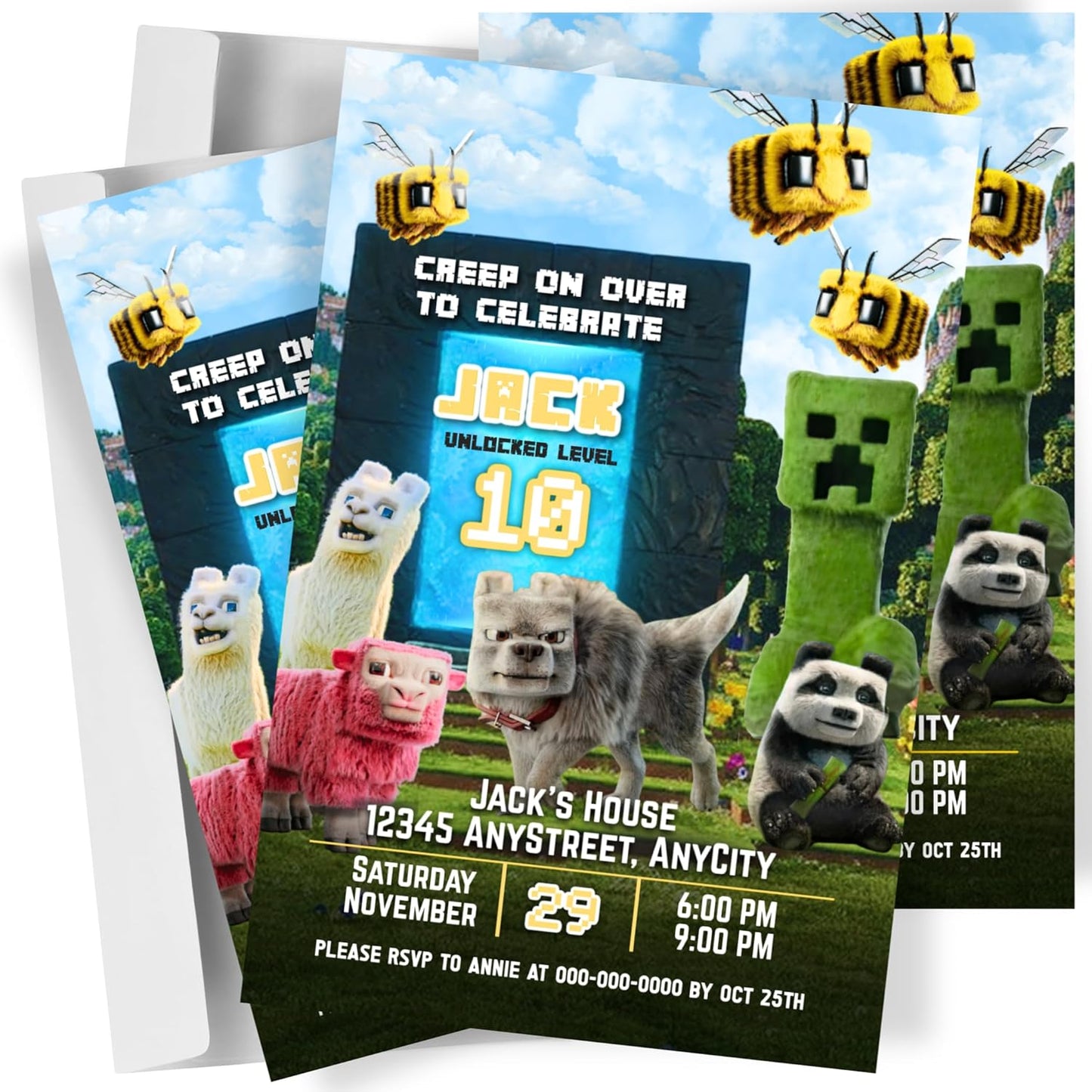 Fully Customizable minecraft Birthday Party Invitations, 4 x 6 inches, with Self-Sealing Envelopes, Gaming Theme Design, minecraft Birthday Invitations for Boys and Girls (Minecraft/Portal)