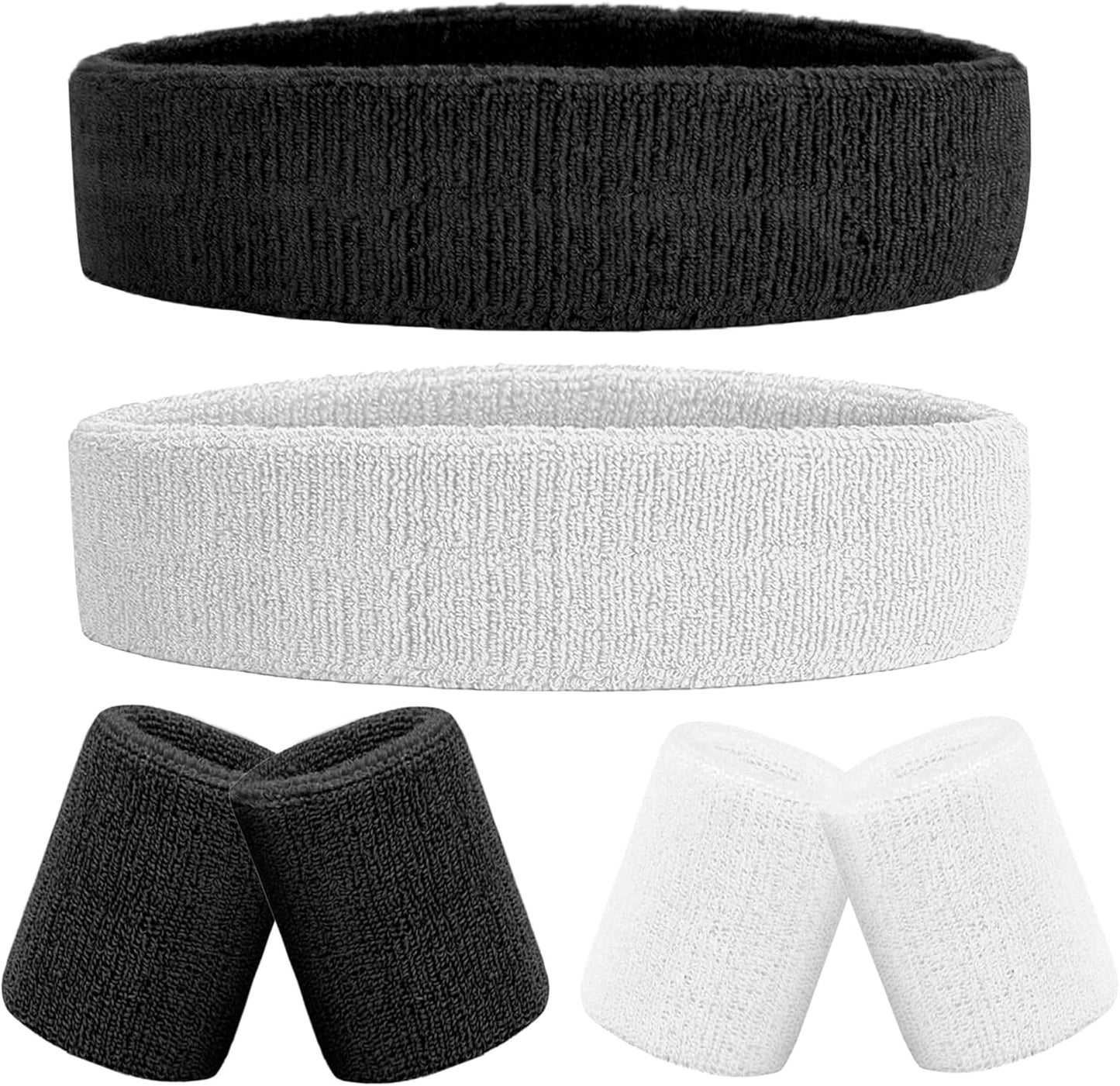 6 Pieces Sweatband Set Sports Headband Wristband Set, Moisture Wicking Athletic Sweatbands 4 Wrist Sweatband and 2 Headbands, Terry Cloth Sweat Absorbing Head Band for Workout
