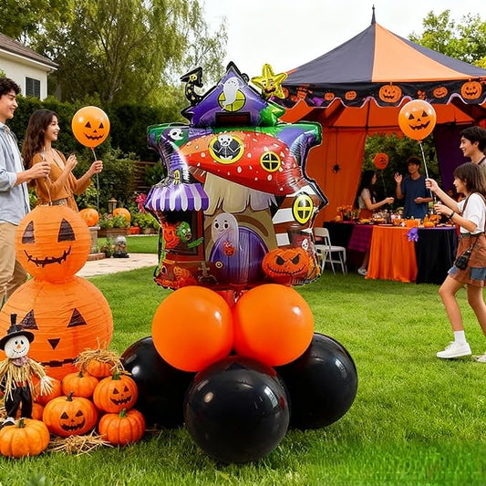 10pcs 12inch Black Orange Latex Balloon Party Theme Halloween Balloons Decor for Baby Shower Wedding Anniversary Halloween Baby Birthday Party Decorations (cute house)