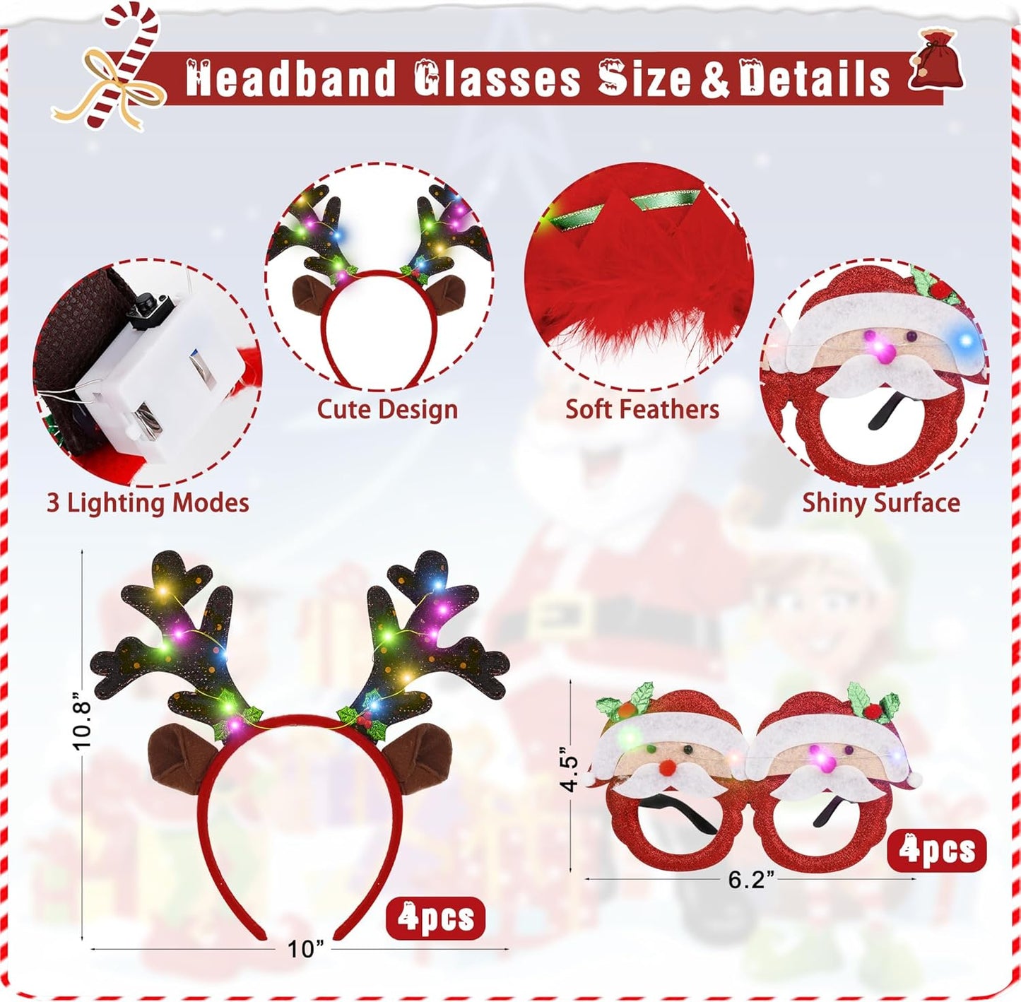 Blowata 12 PCS Christmas Party Favors, Light Up Christmas Necklace Headband Glasses Set, Candy Cane Snowflake Tree Bulb Necklace LED Headband Flashing Eyeglasses for Xmas Gifts, Christmas Accessories