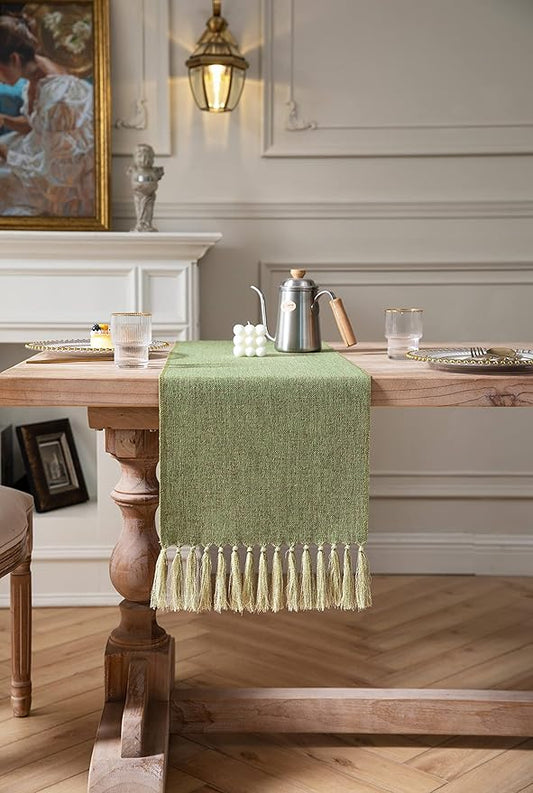 ZeeMart Green Table Runners 108 Inches Long, Burlap Linen Style Rustic Farmhouse Table Runner, Long Boho Dining Table Runner, 13x108 Inches, Grass Green