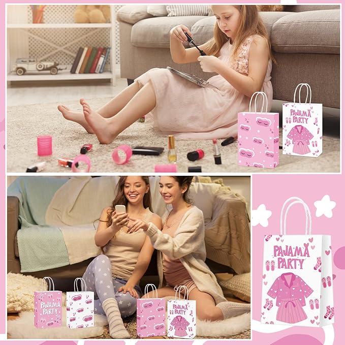 Outus 24 Pcs Sleepover Party Bags Slumber Glamper Pajama Favor Bags with Handle for Birthday Sleepover Party Favors