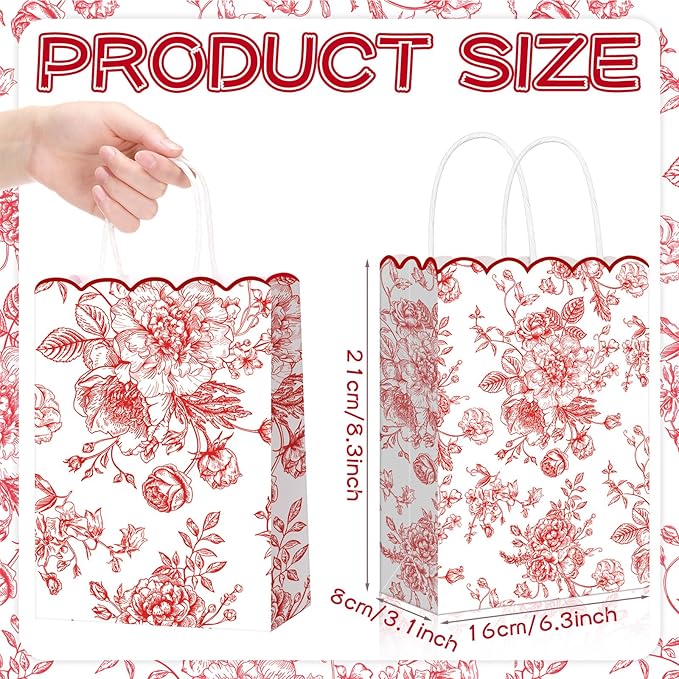 Kolldenn 24 Pcs Red Floral Party Favor Bags with Handles 10 x 5 x 13 Inch Large Scalloped Wildflower Goodie Candy Gift Treat Bags for Birthday Decoration for Bridal Baby Shower Party Supplie