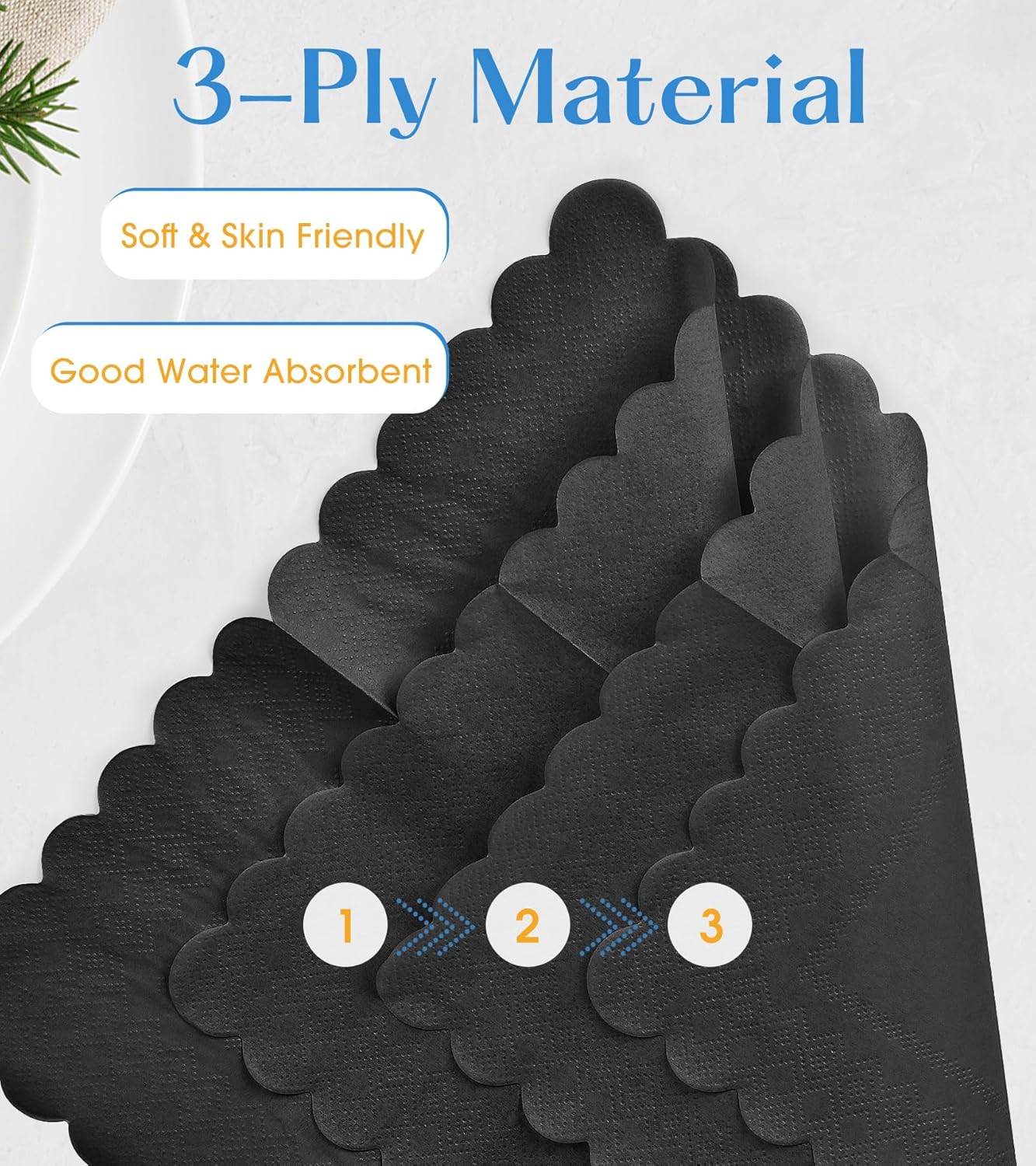 100 Pack Cocktail Napkins, 3-Ply Scalloped Edged Wedding Napkins Folded 5 x 5 Inches Dessert Napkins, Disposable Napkins for Dinner Birthday Party Bridal Anniversary Baby Shower Reception (Black)